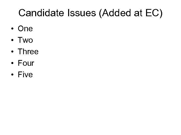 Candidate Issues (Added at EC) • • • One Two Three Four Five 