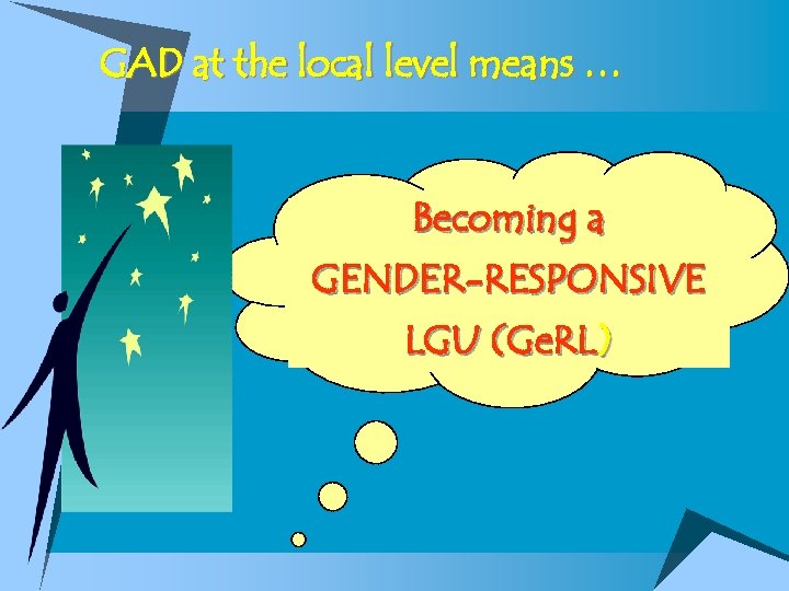 GAD at the local level means … Becoming a GENDER-RESPONSIVE LGU (Ge. RL) 