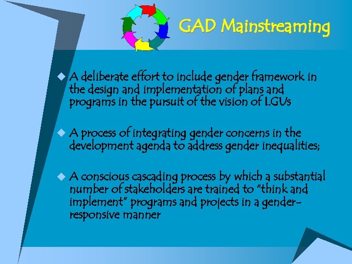 GAD Mainstreaming u A deliberate effort to include gender framework in the design and