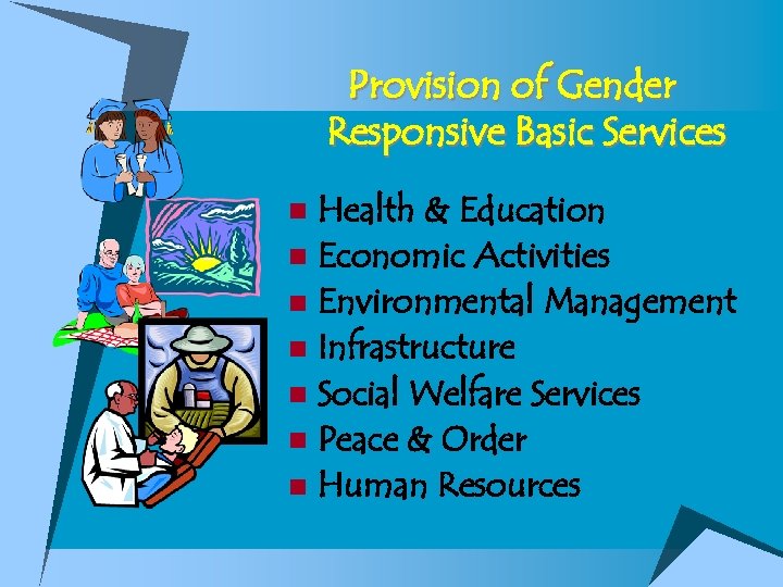 Provision of Gender Responsive Basic Services Health & Education n Economic Activities n Environmental