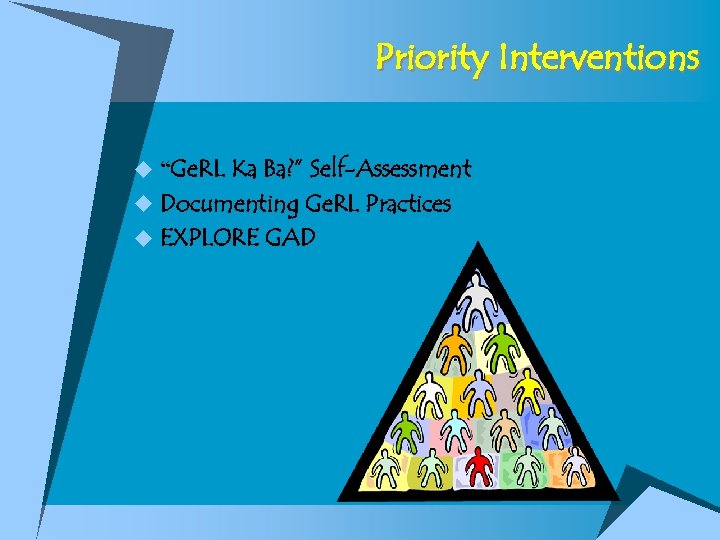Priority Interventions u “Ge. RL Ka Ba? ” Self-Assessment u Documenting Ge. RL Practices