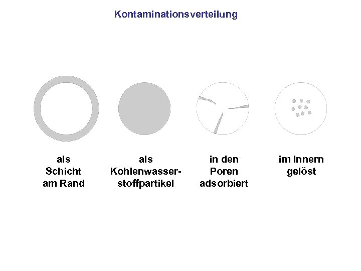 Kontaminationsverteilung als Schicht am Rand als Kohlenwasserstoffpartikel in den Poren adsorbiert im Innern gelöst