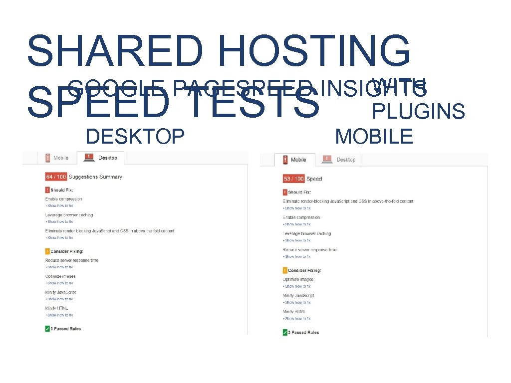 SHARED HOSTING WITH GOOGLE PAGESPEED INSIGHTS SPEED TESTS PLUGINS DESKTOP MOBILE 