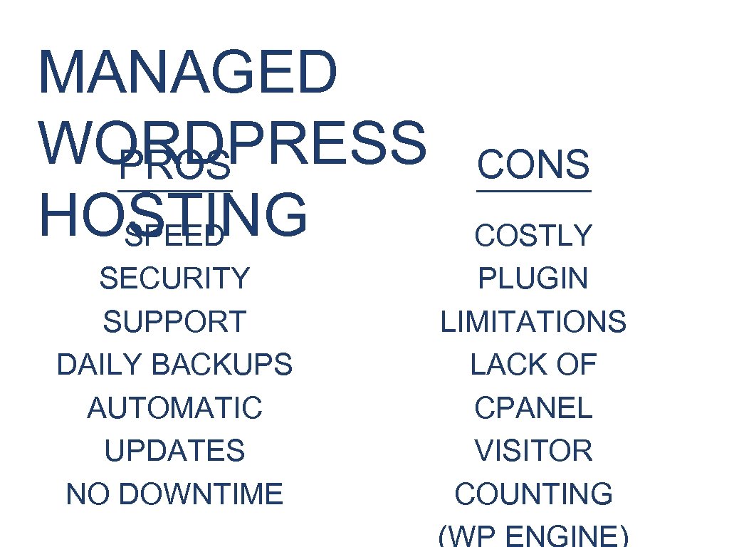MANAGED WORDPRESS PROS HOSTING SPEED SECURITY SUPPORT DAILY BACKUPS AUTOMATIC UPDATES NO DOWNTIME CONS