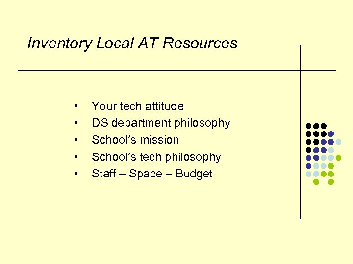 Inventory Local AT Resources • • • Your tech attitude DS department philosophy School’s