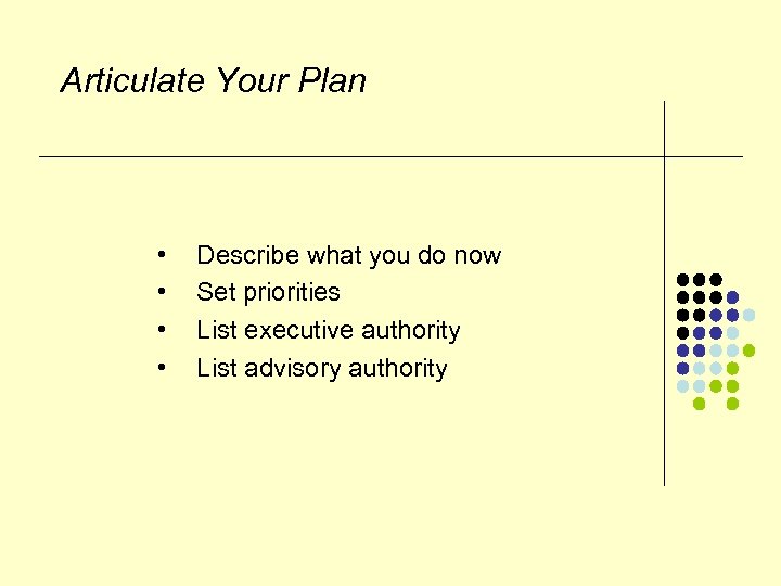 Articulate Your Plan • • Describe what you do now Set priorities List executive