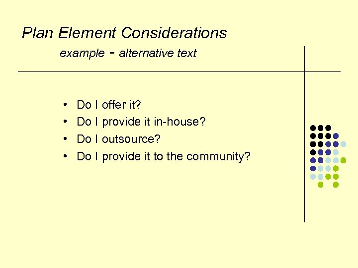 Plan Element Considerations example - alternative text • • Do I offer it? Do