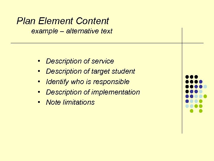 Plan Element Content example – alternative text • • • Description of service Description