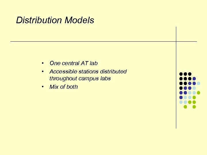 Distribution Models • One central AT lab • Accessible stations distributed throughout campus labs