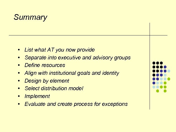 Summary • • List what AT you now provide Separate into executive and advisory