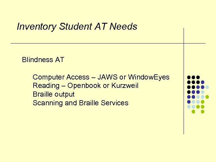 Inventory Student AT Needs Blindness AT Computer Access – JAWS or Window. Eyes Reading