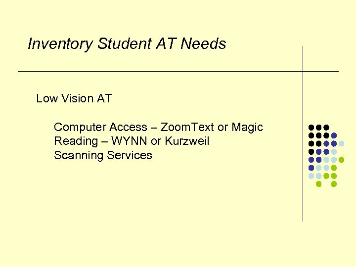 Inventory Student AT Needs Low Vision AT Computer Access – Zoom. Text or Magic