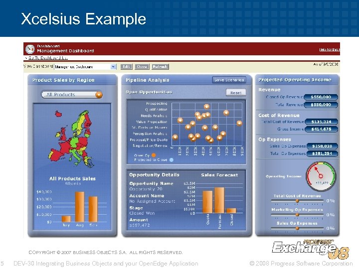 Xcelsius Example COPYRIGHT © 2007 BUSINESS OBJECTS S. A. ALL RIGHTS RESERVED. 5 DEV-30