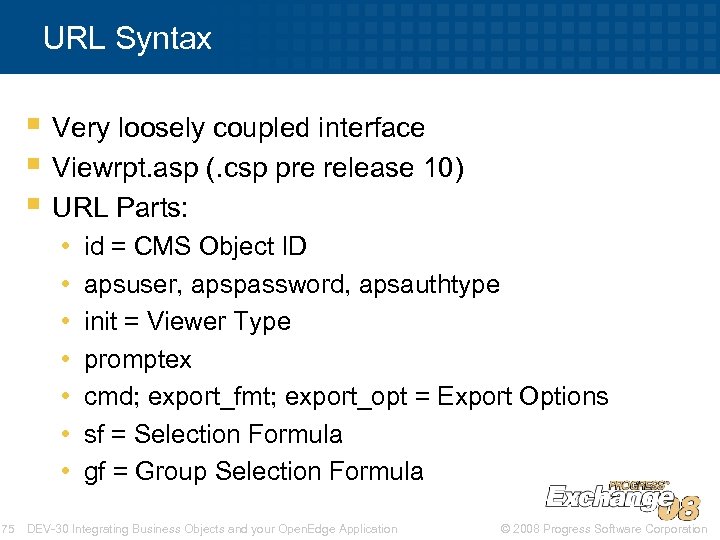 URL Syntax § Very loosely coupled interface § Viewrpt. asp (. csp pre release