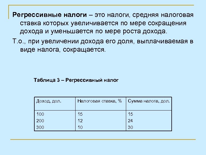 Регрессивные налоги – это налоги, средняя налоговая ставка которых увеличивается по мере сокращения дохода