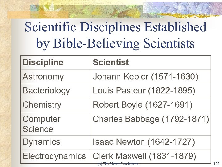 Scientific Disciplines Established by Bible-Believing Scientists Discipline Scientist Astronomy Johann Kepler (1571 -1630) Bacteriology