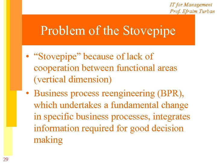 IT for Management Prof. Efraim Turban Problem of the Stovepipe • “Stovepipe” because of