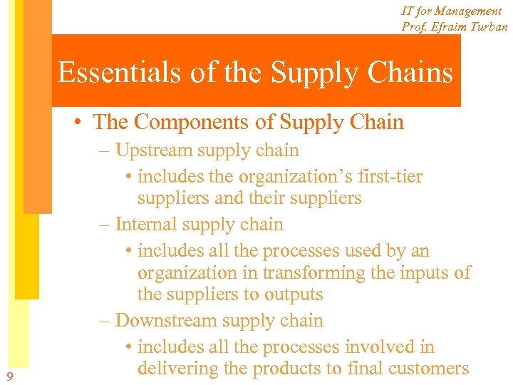 IT for Management Prof. Efraim Turban Essentials of the Supply Chains • The Components