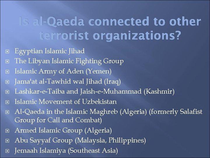 Is al-Qaeda connected to other terrorist organizations? Egyptian Islamic Jihad The Libyan Islamic Fighting