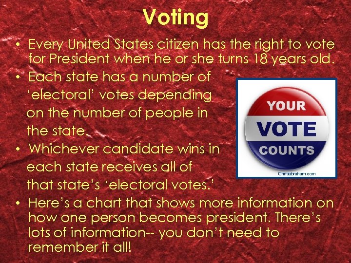 Voting • Every United States citizen has the right to vote for President when