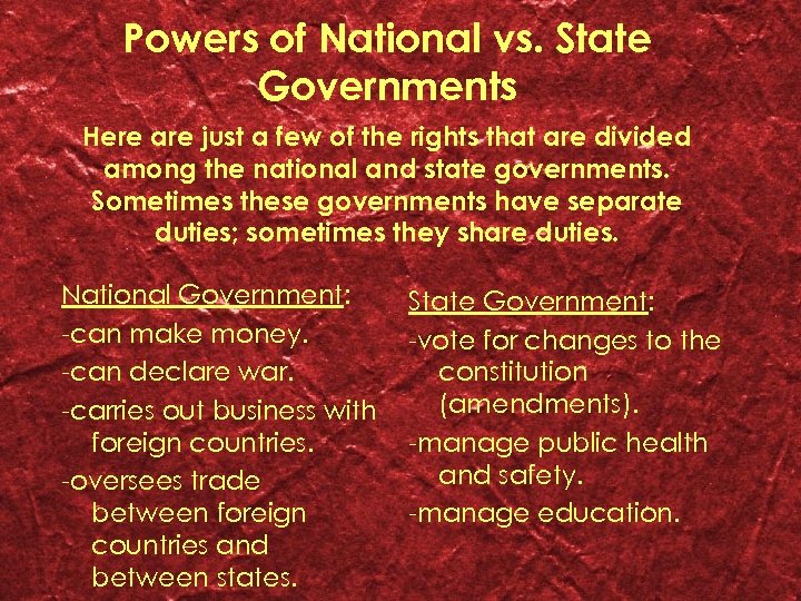 Powers of National vs. State Governments Here are just a few of the rights