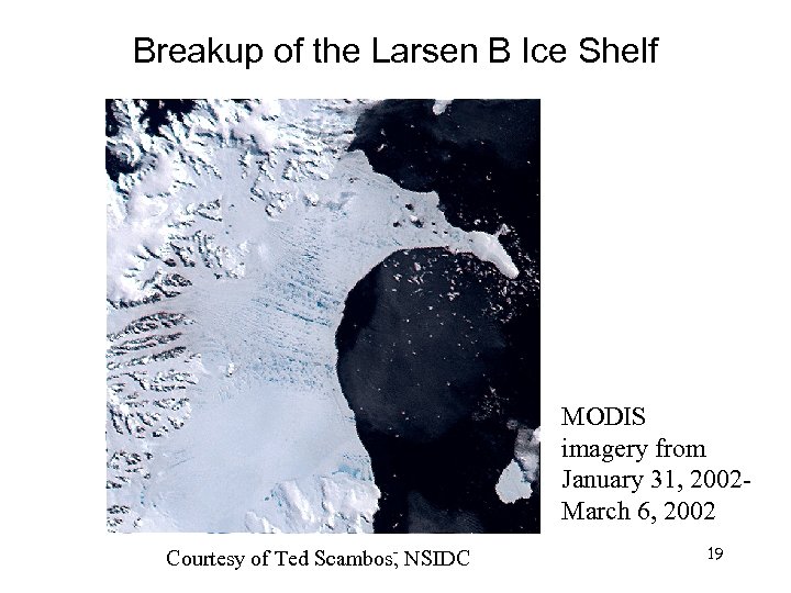 Breakup of the Larsen B Ice Shelf MODIS imagery from January 31, 2002 March