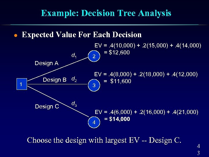 Example: Decision Tree Analysis l Expected Value For Each Decision d 1 EV =.