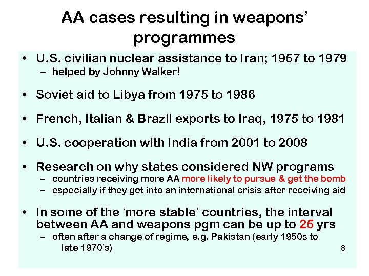 AA cases resulting in weapons’ programmes • U. S. civilian nuclear assistance to Iran;