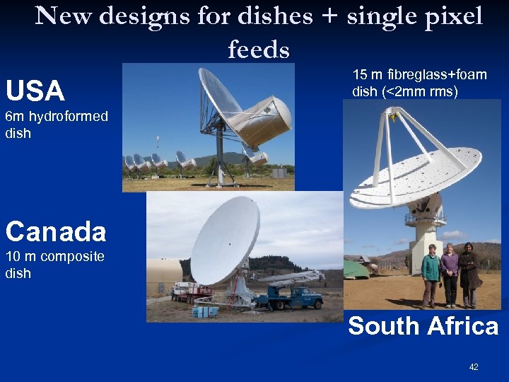 New designs for dishes + single pixel feeds 15 m fibreglass+foam dish (<2 mm