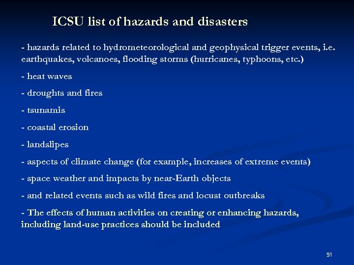 ICSU list of hazards and disasters - hazards related to hydrometeorological and geophysical trigger