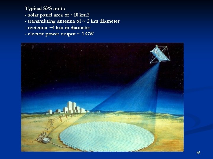 Typical SPS unit : - solar panel area of ~10 km 2 - transmitting