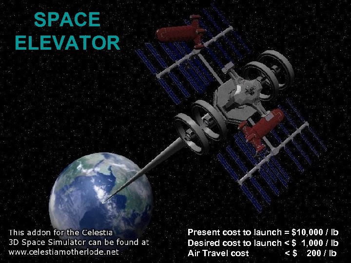 SPACE ELEVATOR Present cost to launch = $10, 000 / lb Desired cost to