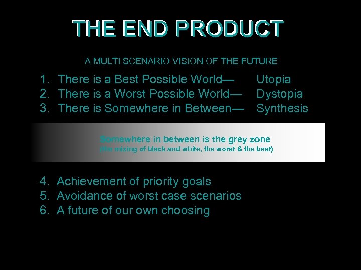 THE END PRODUCT A MULTI SCENARIO VISION OF THE FUTURE 1. There is a