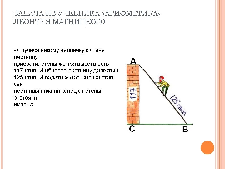 Нижний конец лестницы отстоит от стены. Задача из арифметики Леонтия Магницкого. Задача из учебника арифметика Леонтия Магницкого. Задачи из учебника Магницкого. Математика Магницкого задачи с ответами.