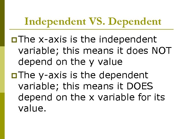 Independent VS. Dependent p The x-axis is the independent variable; this means it does