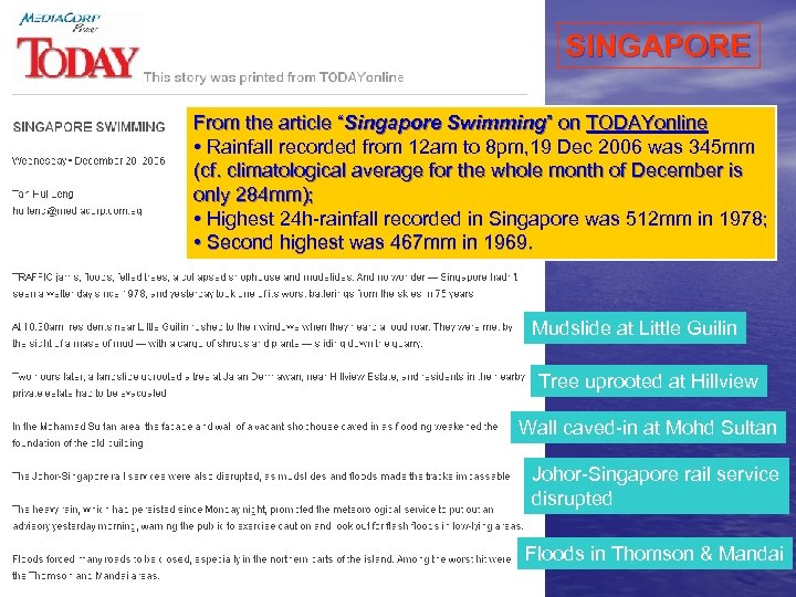 SINGAPORE From the article “Singapore Swimming” on TODAYonline • Rainfall recorded from 12 am