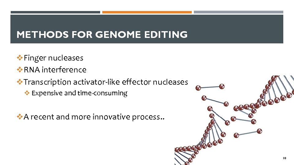 METHODS FOR GENOME EDITING v. Finger nucleases v. RNA interference v. Transcription activator-like effector