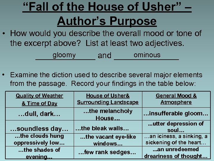 “Fall of the House of Usher” – Author’s Purpose • How would you describe