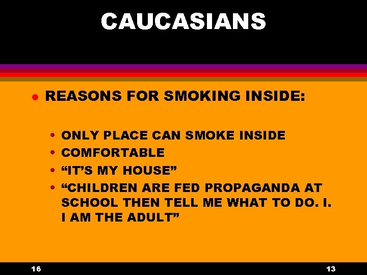 CAUCASIANS l REASONS FOR SMOKING INSIDE: • • 16 ONLY PLACE CAN SMOKE INSIDE