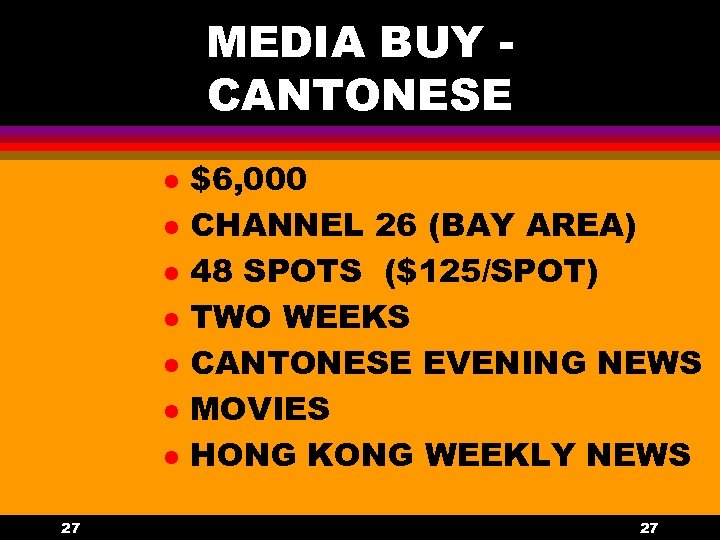 MEDIA BUY CANTONESE l l l l 27 $6, 000 CHANNEL 26 (BAY AREA)