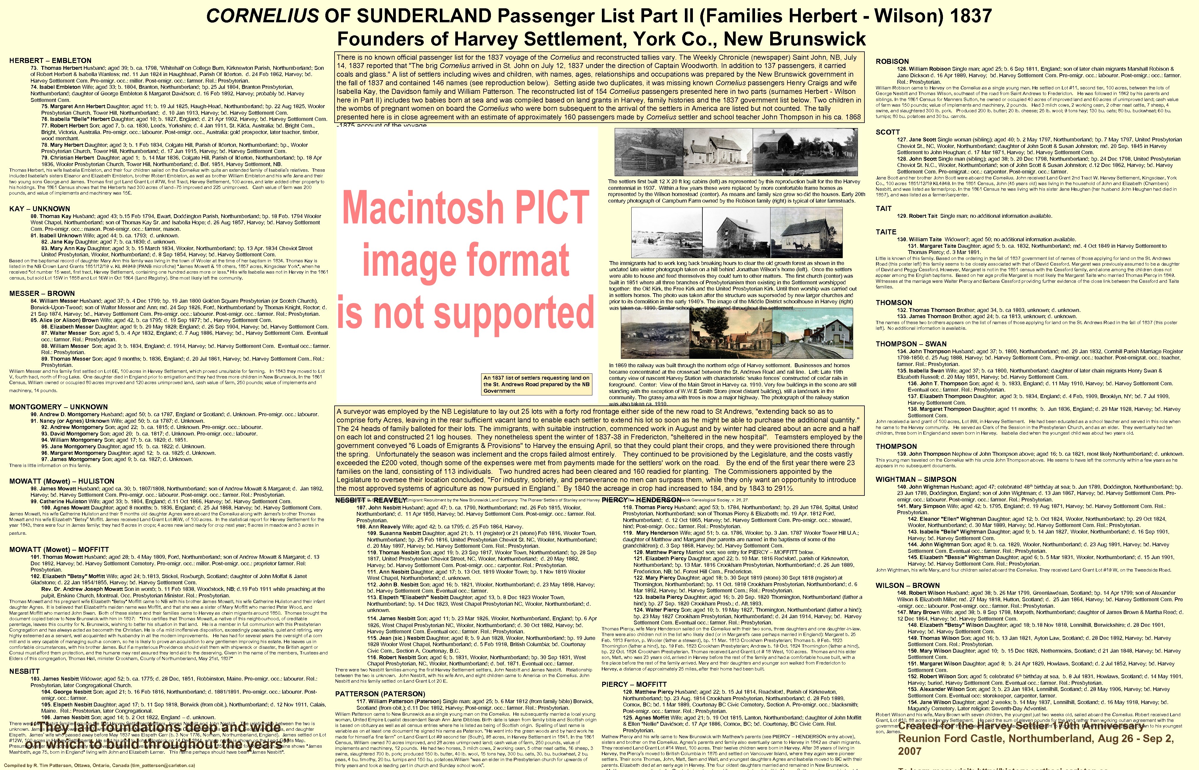 CORNELIUS OF SUNDERLAND Passenger List Part II (Families Herbert - Wilson) 1837 Founders of