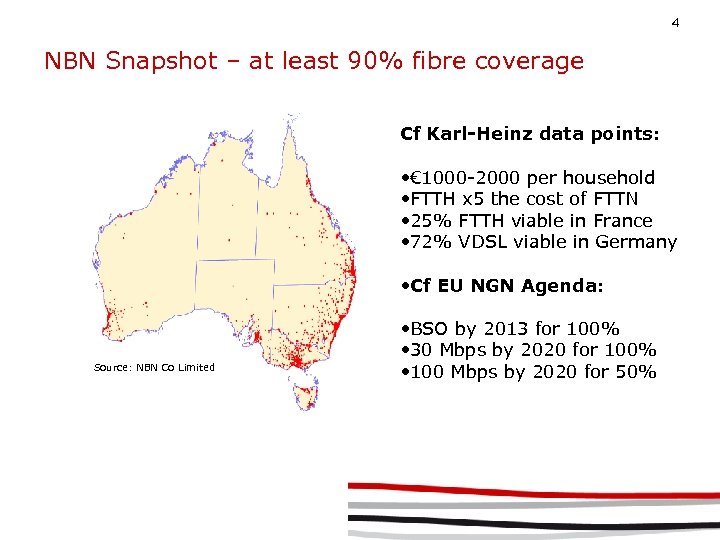 4 NBN Snapshot – at least 90% fibre coverage Cf Karl-Heinz data points: •
