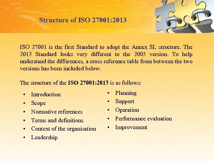 Structure of ISO 27001: 2013 ISO 27001 is the first Standard to adopt the