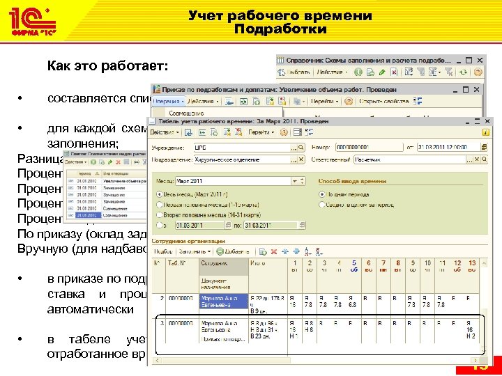 Учет рабочего времени Подработки Как это работает: • составляется список схем по подработкам; •