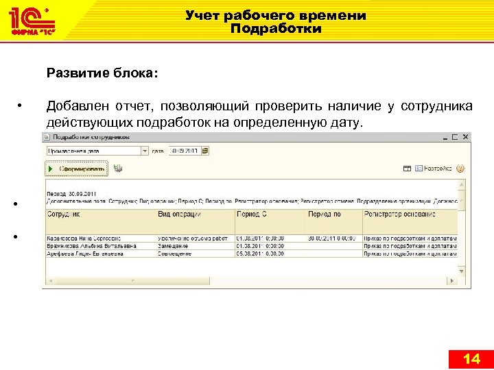 Учет рабочего времени Подработки Развитие блока: • Добавлен отчет, позволяющий проверить наличие у сотрудника