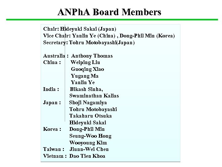 ANPh. A Board Members Chair: Hideyuki Sakai (Japan) Vice Chair: Yanlin Ye (China) ,