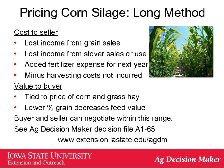 Pricing Corn Silage: Long Method Cost to seller • Lost income from grain sales