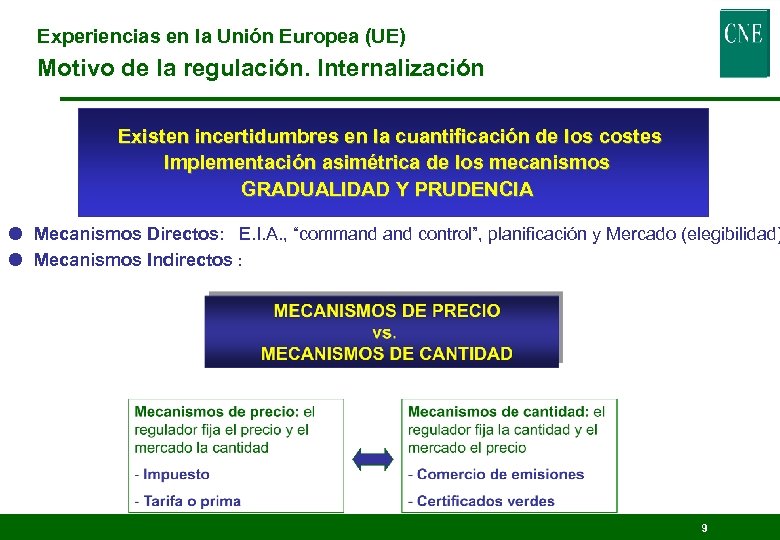 Experiencias en la Unión Europea (UE) Motivo de la regulación. Internalización Existen incertidumbres en