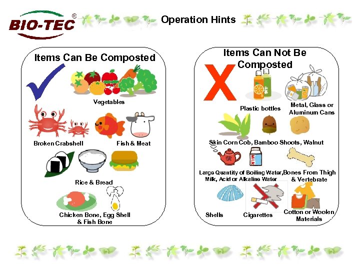 Operation Hints Items Can Be Composted Vegetables Broken Crabshell Fish & Meat Rice &