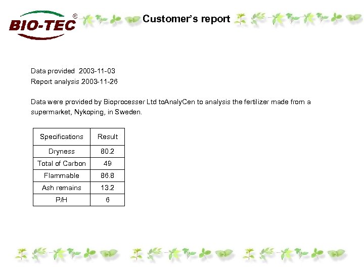 Customer’s report Data provided 2003 -11 -03 Report analysis 2003 -11 -26 Data were